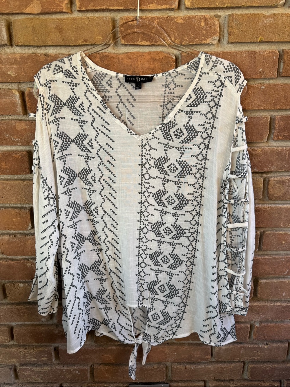 Fred David Cream and Black Aztec Tie-Front V-Neck Blouse